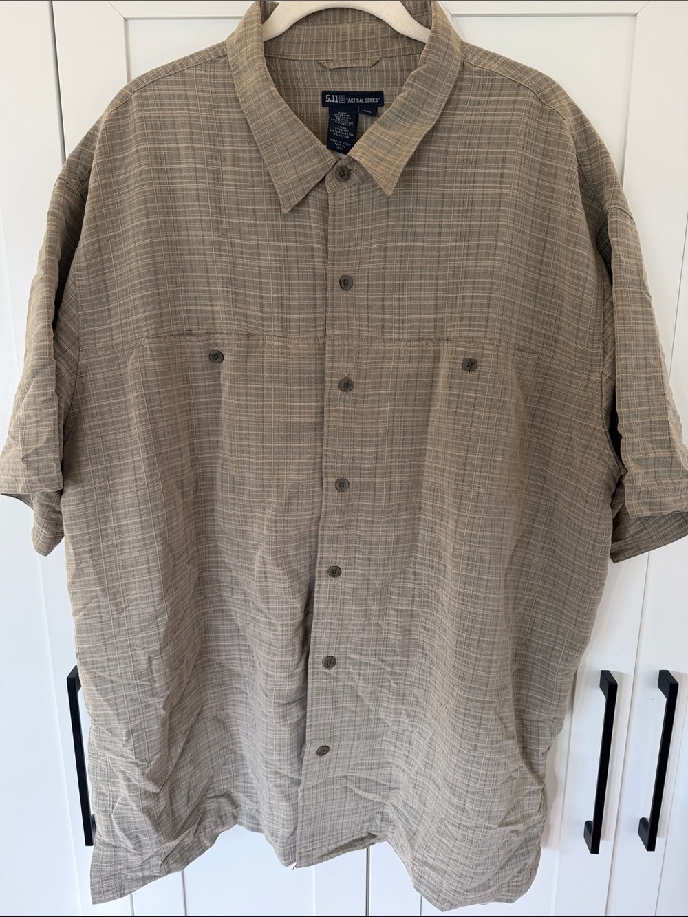 5.11 Tactical Men's Plaid Short-Sleeve Button Shirt in Tan with conceal pockets